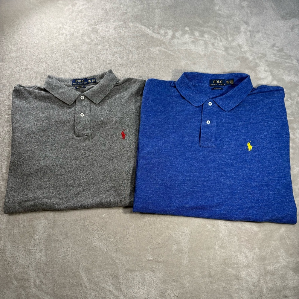 2 Polo Ralph Lauren Classic Fit Polo Shirt Men's Sz 2XL Short Sleeve Grey Blue